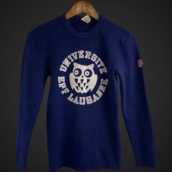 Universite EPF Lausanne Tigre Owl Blue Wool Blend Knit Thick Preppy Vintage - Picture 1 of 7